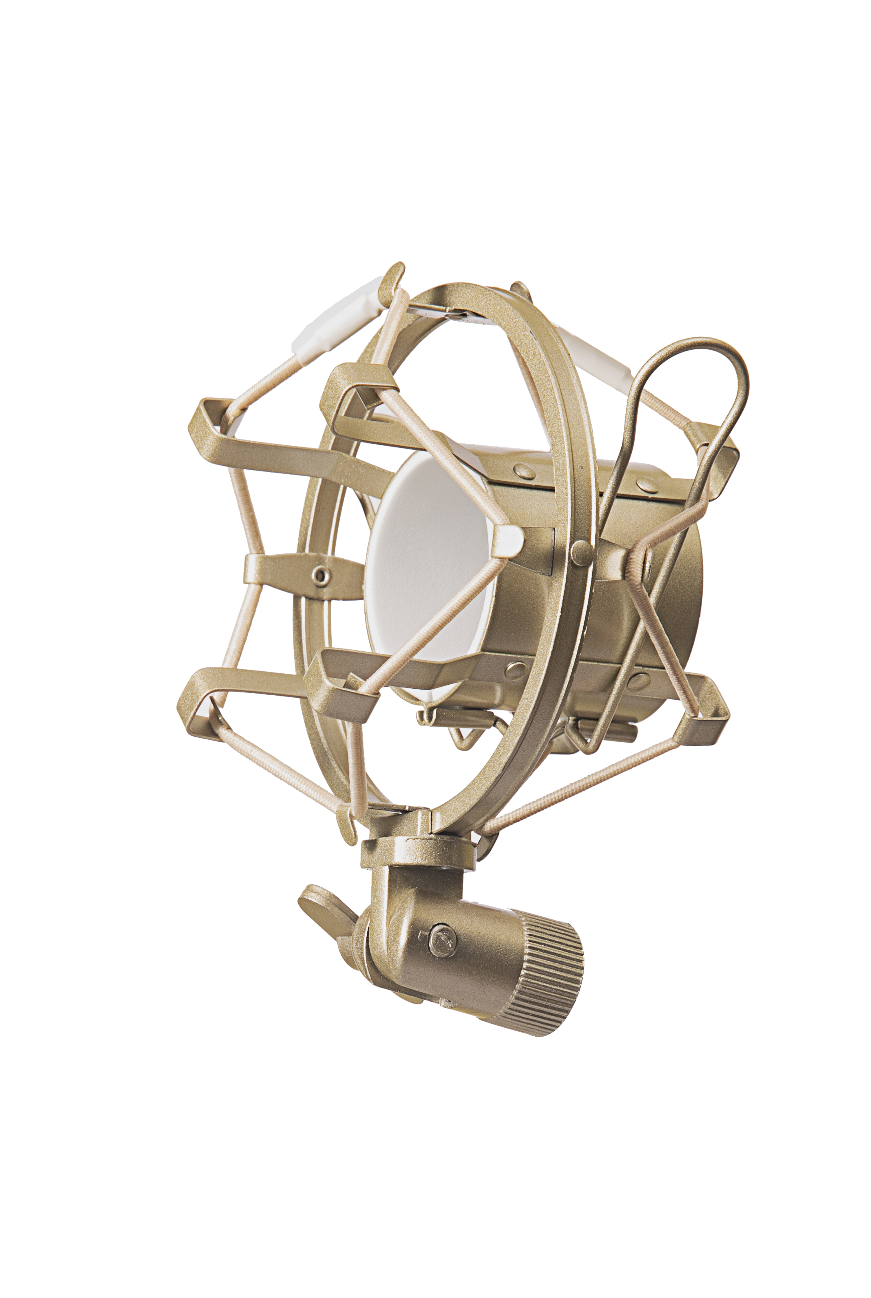 RS T5 Gold Shock Mount holding a large-diameter microphone at 45° angle
